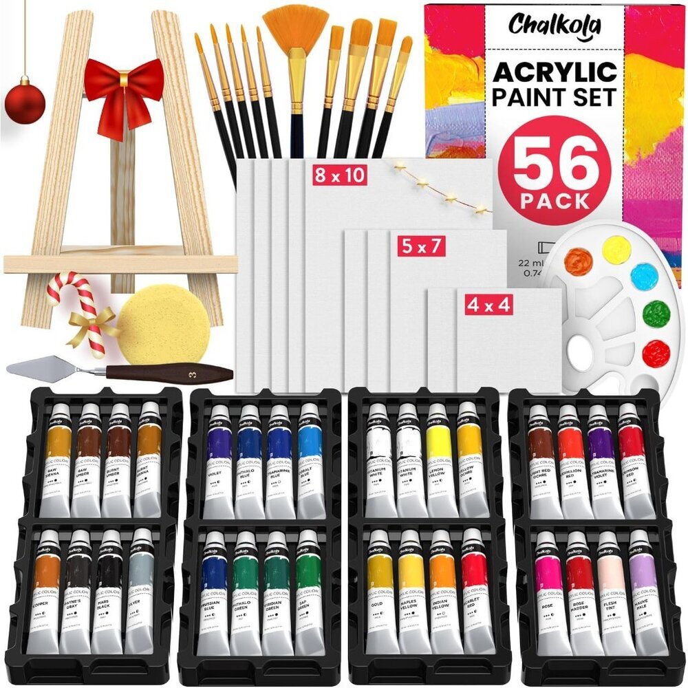 Acrylic Paint Set for Adults & Kids - 56 Pcs Canvas Painting Kit with 32 Paints